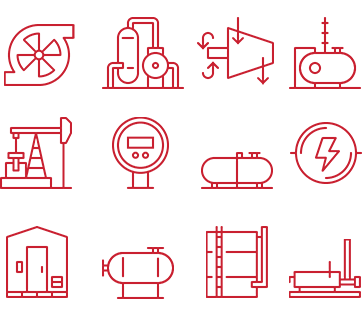 CTA_surplus icons of surplus / used oil and gas equipment / surplus / used oilfield equipment / pump package, gas processing, flare knockouts, pump jacks, gas metering, vessels, separators, buildings, bullets, tanks, line heater